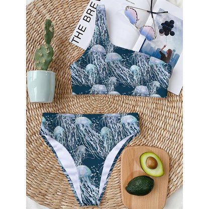 Watercolor Jellyfish Pattern Print One Shoulder Bikini Top