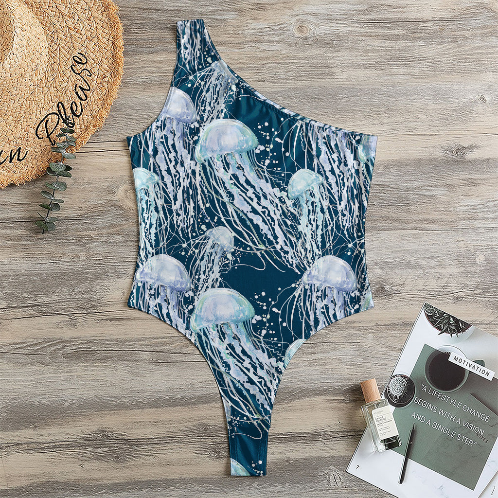 Watercolor Jellyfish Pattern Print One Shoulder Bodysuit
