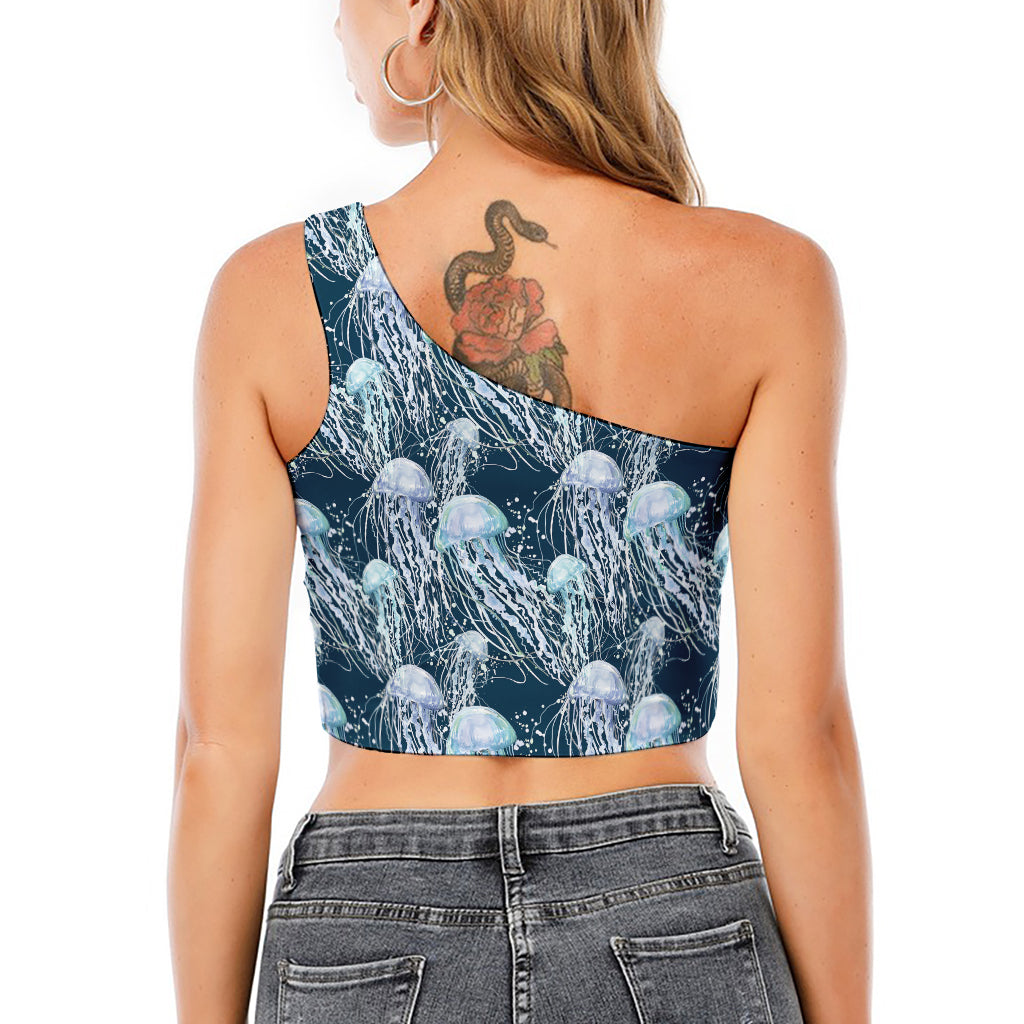 Watercolor Jellyfish Pattern Print One Shoulder Crop Top