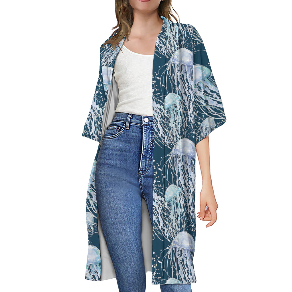 Watercolor Jellyfish Pattern Print Open Front Beach Cover Up