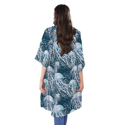 Watercolor Jellyfish Pattern Print Open Front Beach Cover Up