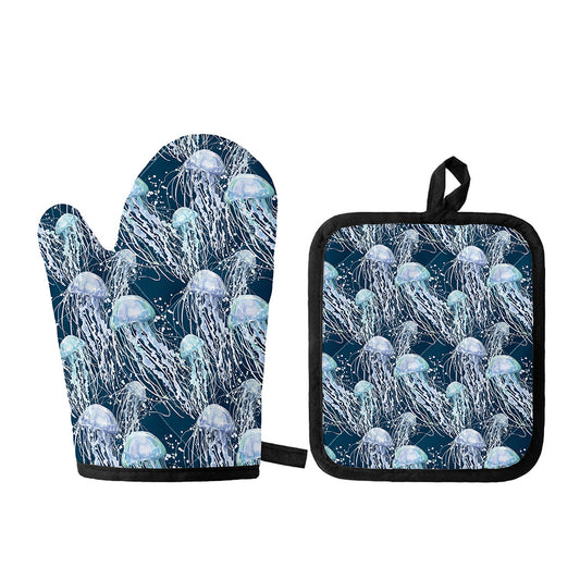 Watercolor Jellyfish Pattern Print Oven Mitt And Pot Holder Set