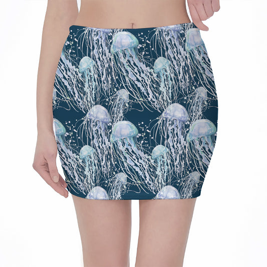 Watercolor Jellyfish Pattern Print Pencil Mini Skirt