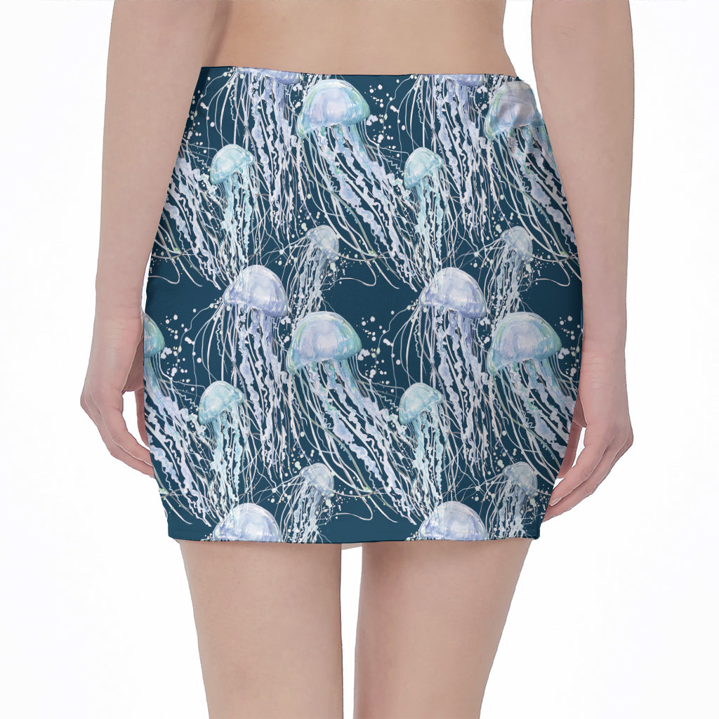 Watercolor Jellyfish Pattern Print Pencil Mini Skirt