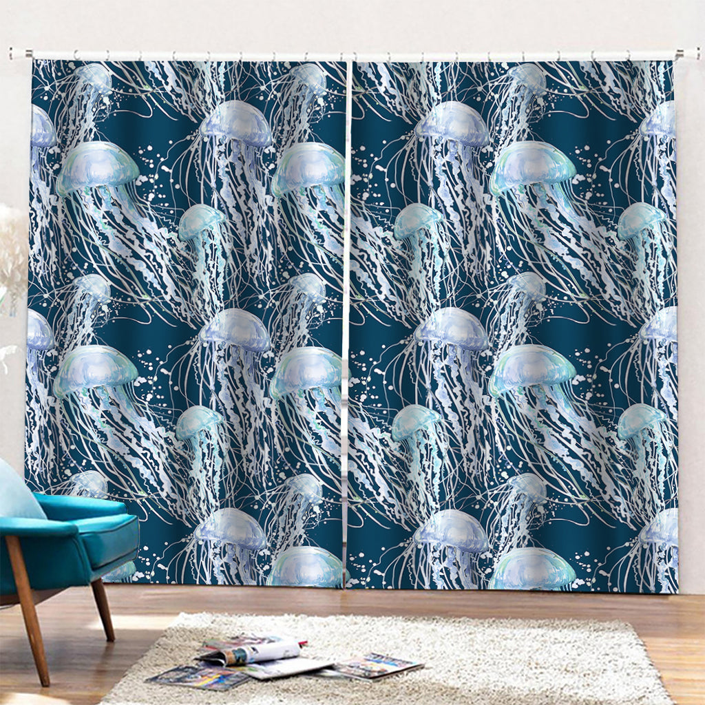 Watercolor Jellyfish Pattern Print Pencil Pleat Curtains