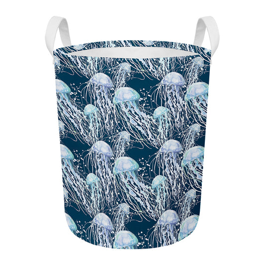 Watercolor Jellyfish Pattern Print Round Laundry Basket