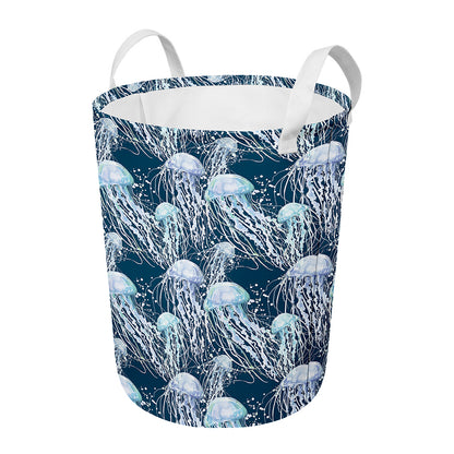 Watercolor Jellyfish Pattern Print Round Laundry Basket