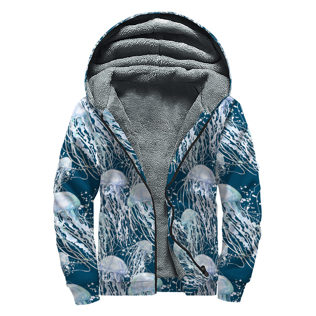 Watercolor Jellyfish Pattern Print Sherpa Lined Zip Up Hoodie