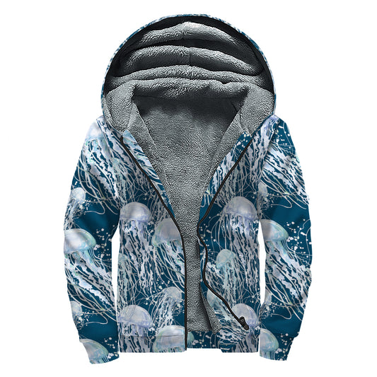 Watercolor Jellyfish Pattern Print Sherpa Lined Zip Up Hoodie