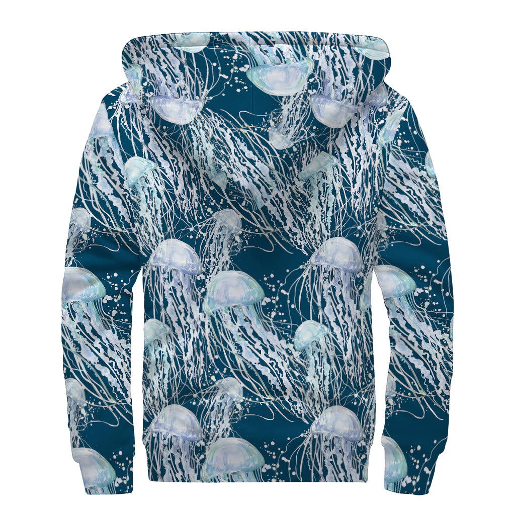 Watercolor Jellyfish Pattern Print Sherpa Lined Zip Up Hoodie