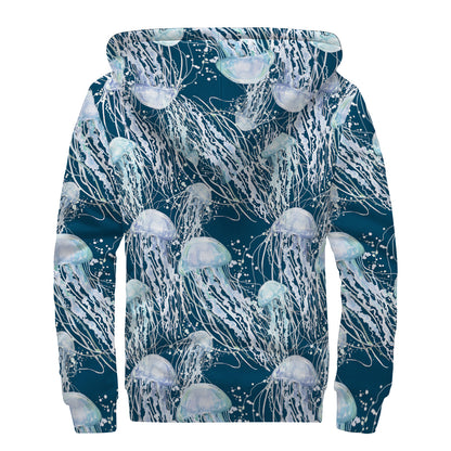 Watercolor Jellyfish Pattern Print Sherpa Lined Zip Up Hoodie