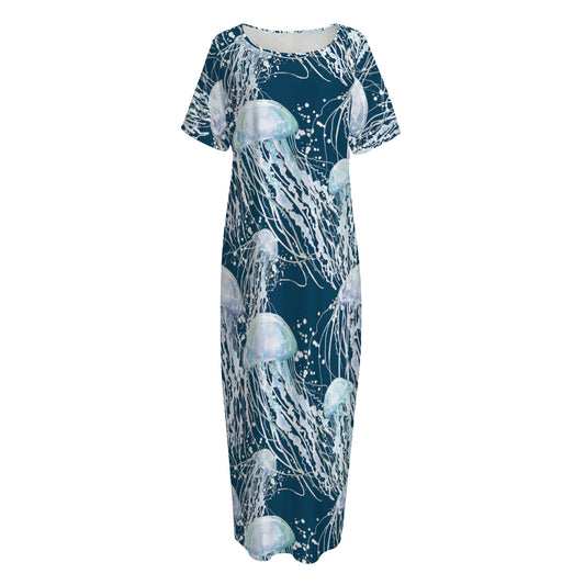Watercolor Jellyfish Pattern Print Short Sleeve Long Nightdress
