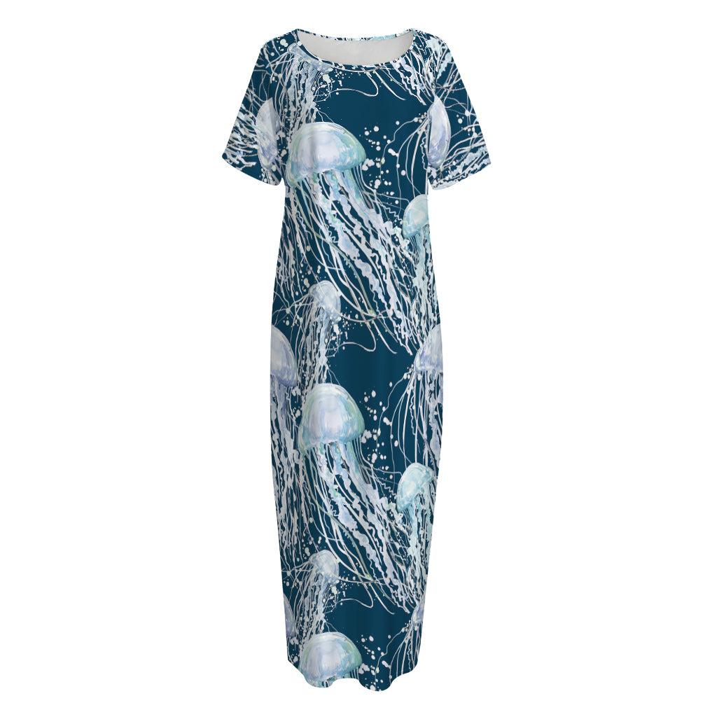 Watercolor Jellyfish Pattern Print Short Sleeve Long Nightdress