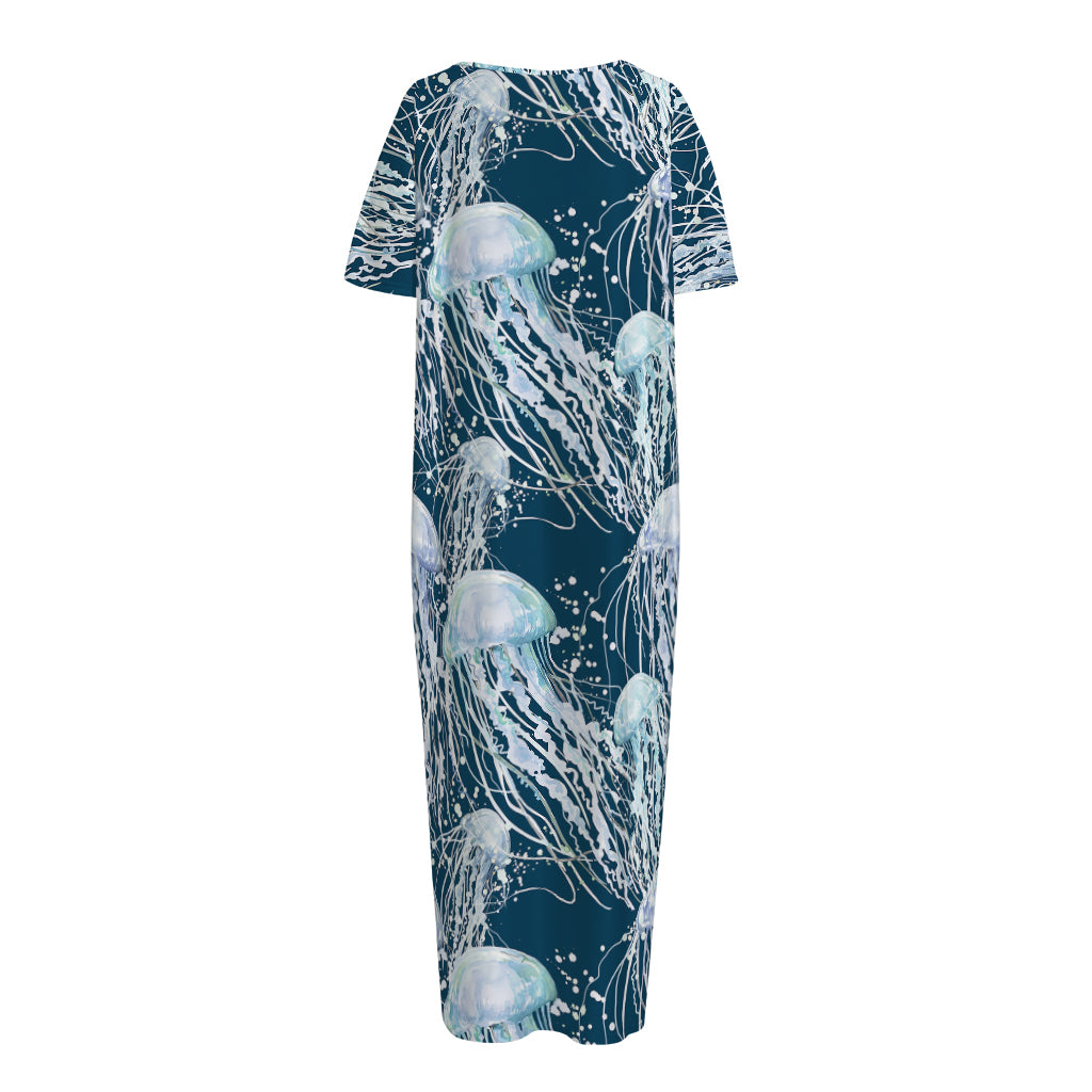 Watercolor Jellyfish Pattern Print Short Sleeve Long Nightdress