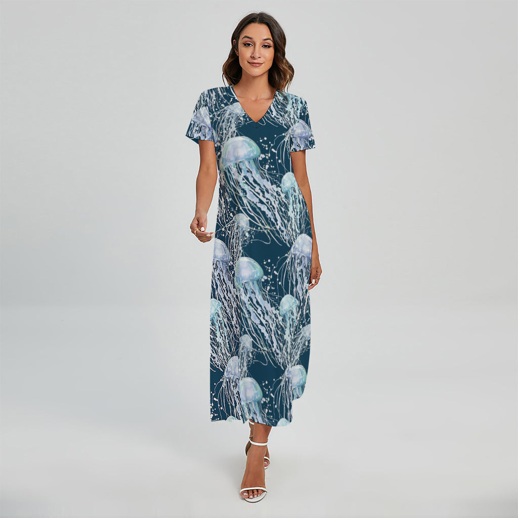 Watercolor Jellyfish Pattern Print Short Sleeve Maxi Dress
