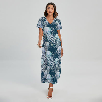 Watercolor Jellyfish Pattern Print Short Sleeve Maxi Dress