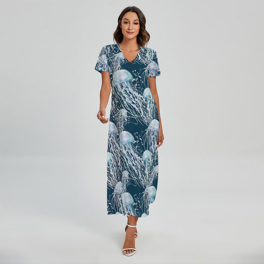 Watercolor Jellyfish Pattern Print Short Sleeve Maxi Dress