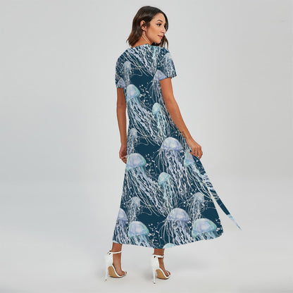 Watercolor Jellyfish Pattern Print Short Sleeve Maxi Dress