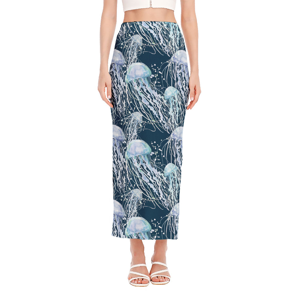 Watercolor Jellyfish Pattern Print Side Slit Maxi Skirt