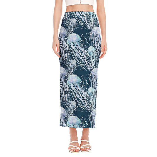 Watercolor Jellyfish Pattern Print Side Slit Maxi Skirt
