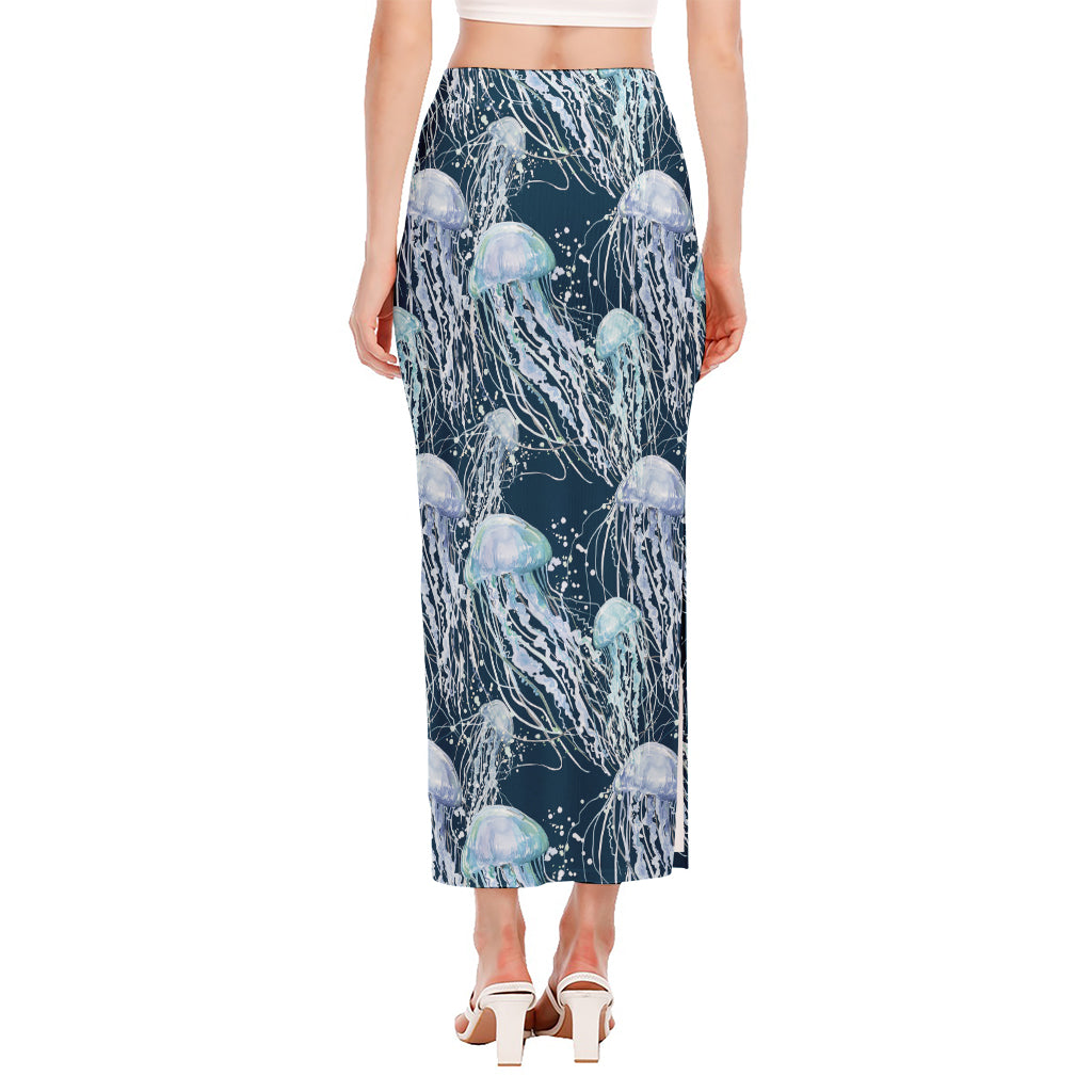Watercolor Jellyfish Pattern Print Side Slit Maxi Skirt
