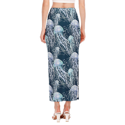 Watercolor Jellyfish Pattern Print Side Slit Maxi Skirt