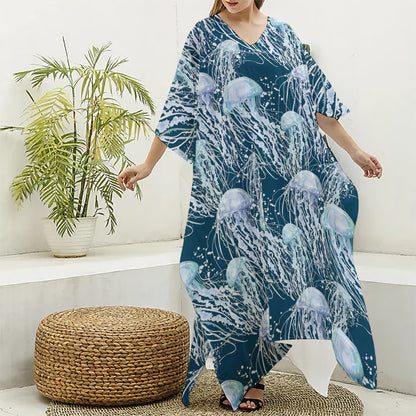Watercolor Jellyfish Pattern Print Silk V-Neck Kaftan Dress