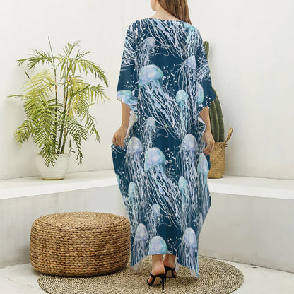 Watercolor Jellyfish Pattern Print Silk V-Neck Kaftan Dress