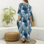 Watercolor Jellyfish Pattern Print Silk V-Neck Kaftan Dress
