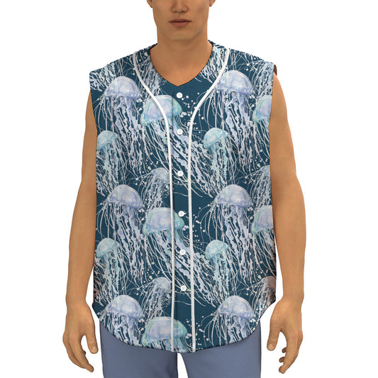 Watercolor Jellyfish Pattern Print Sleeveless Baseball Jersey