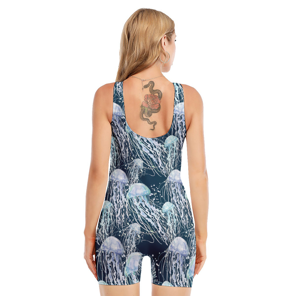 Watercolor Jellyfish Pattern Print Sleeveless One Piece Swimsuit