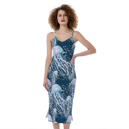 Watercolor Jellyfish Pattern Print Slim Fit Midi Cami Dress