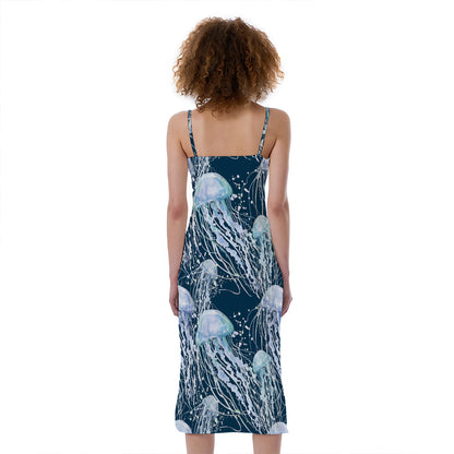 Watercolor Jellyfish Pattern Print Slim Fit Midi Cami Dress