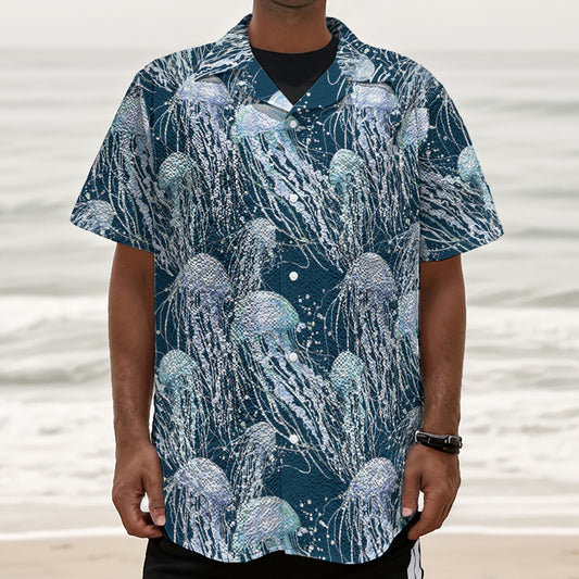 Watercolor Jellyfish Pattern Print Textured Short Sleeve Shirt