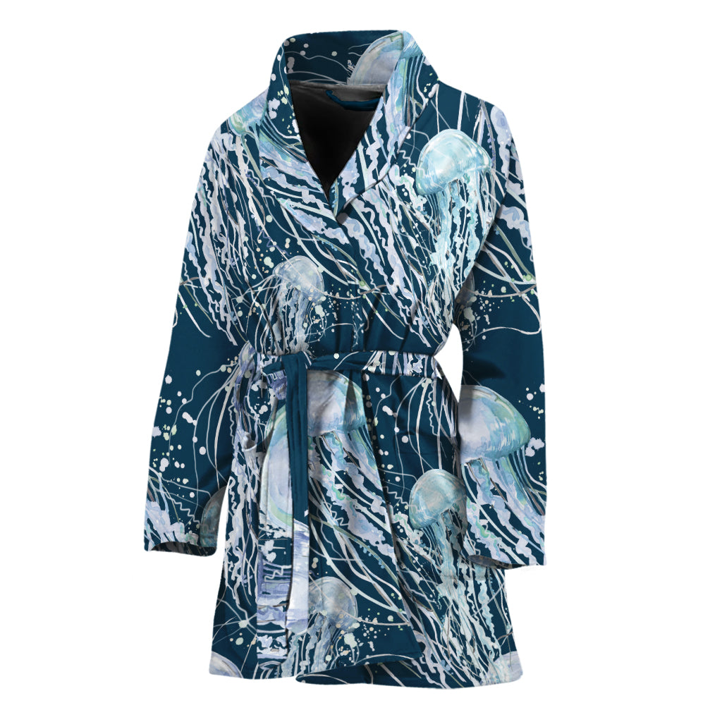 Watercolor Jellyfish Pattern Print Women's Bathrobe