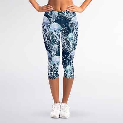 Watercolor Jellyfish Pattern Print Women's Capri Leggings