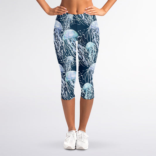 Watercolor Jellyfish Pattern Print Women's Capri Leggings