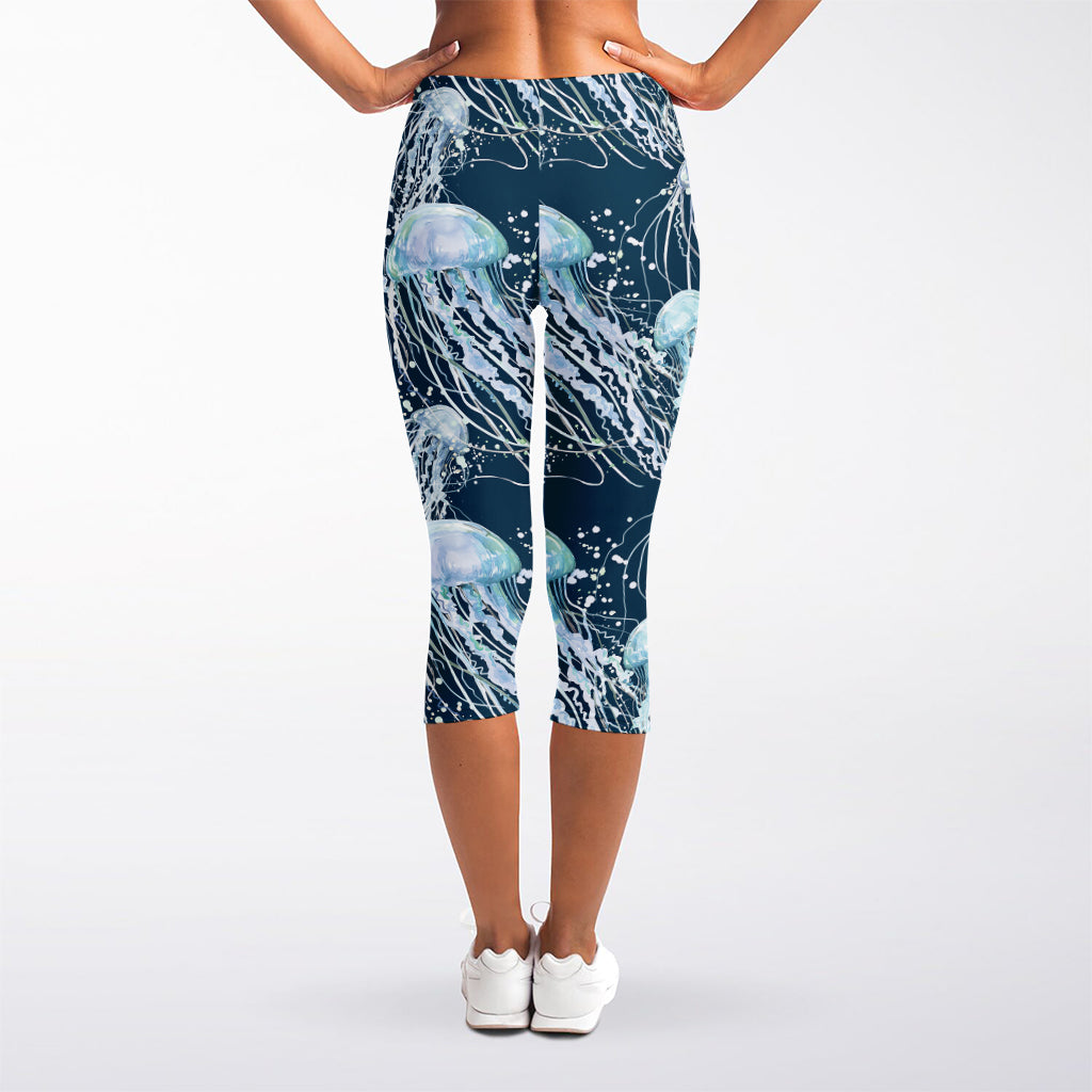 Watercolor Jellyfish Pattern Print Women's Capri Leggings