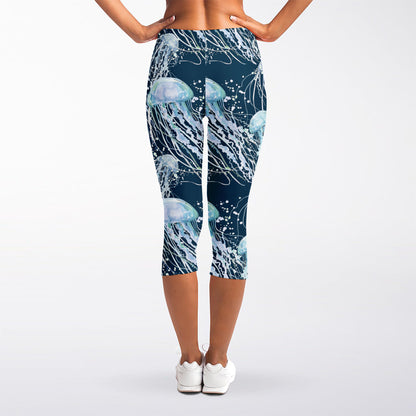 Watercolor Jellyfish Pattern Print Women's Capri Leggings