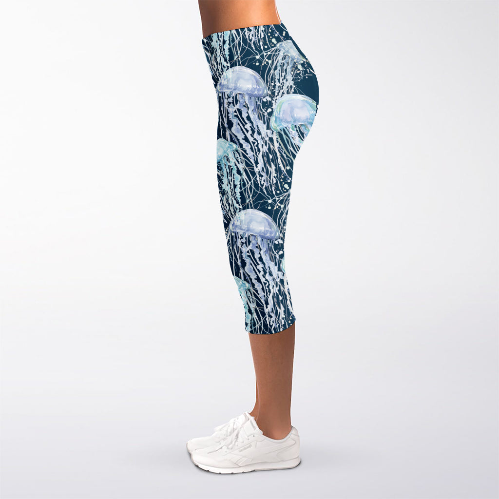 Watercolor Jellyfish Pattern Print Women's Capri Leggings