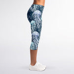 Watercolor Jellyfish Pattern Print Women's Capri Leggings