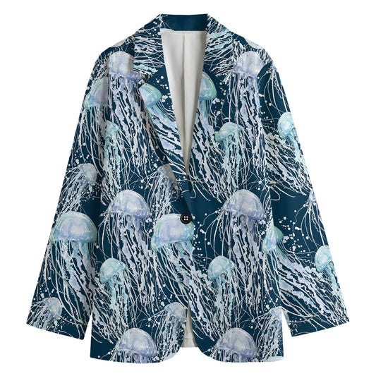Watercolor Jellyfish Pattern Print Women's Cotton Blazer