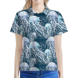 Watercolor Jellyfish Pattern Print Women's Polo Shirt