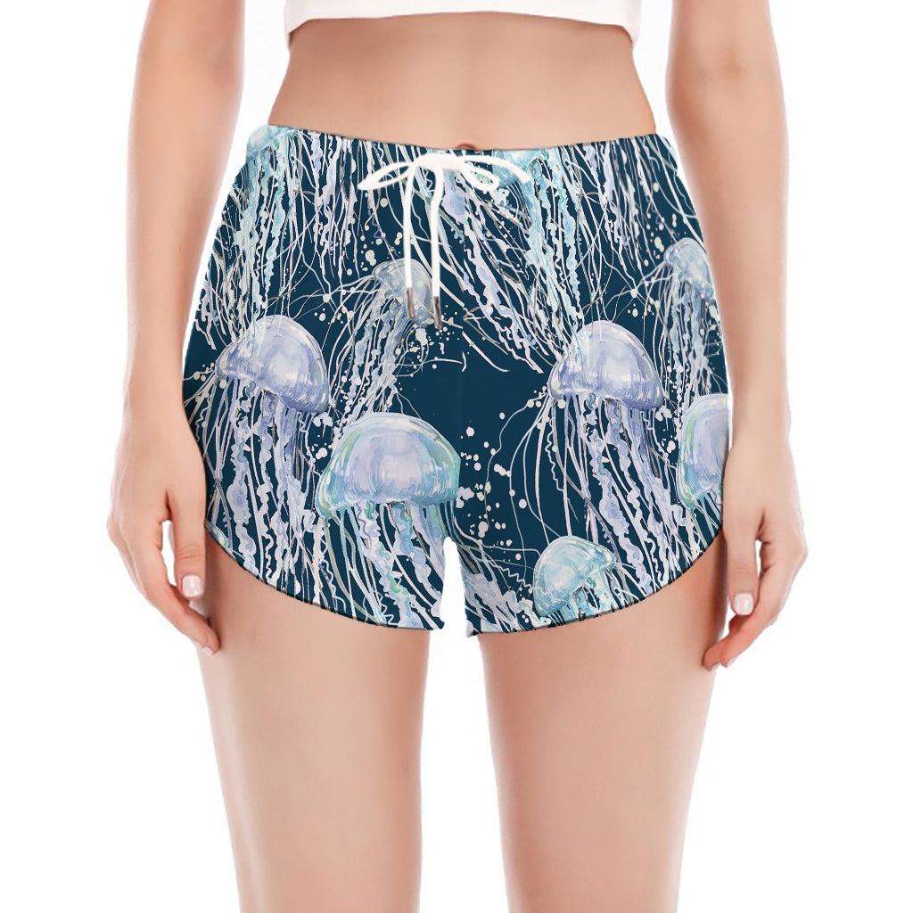 Watercolor Jellyfish Pattern Print Women's Split Running Shorts