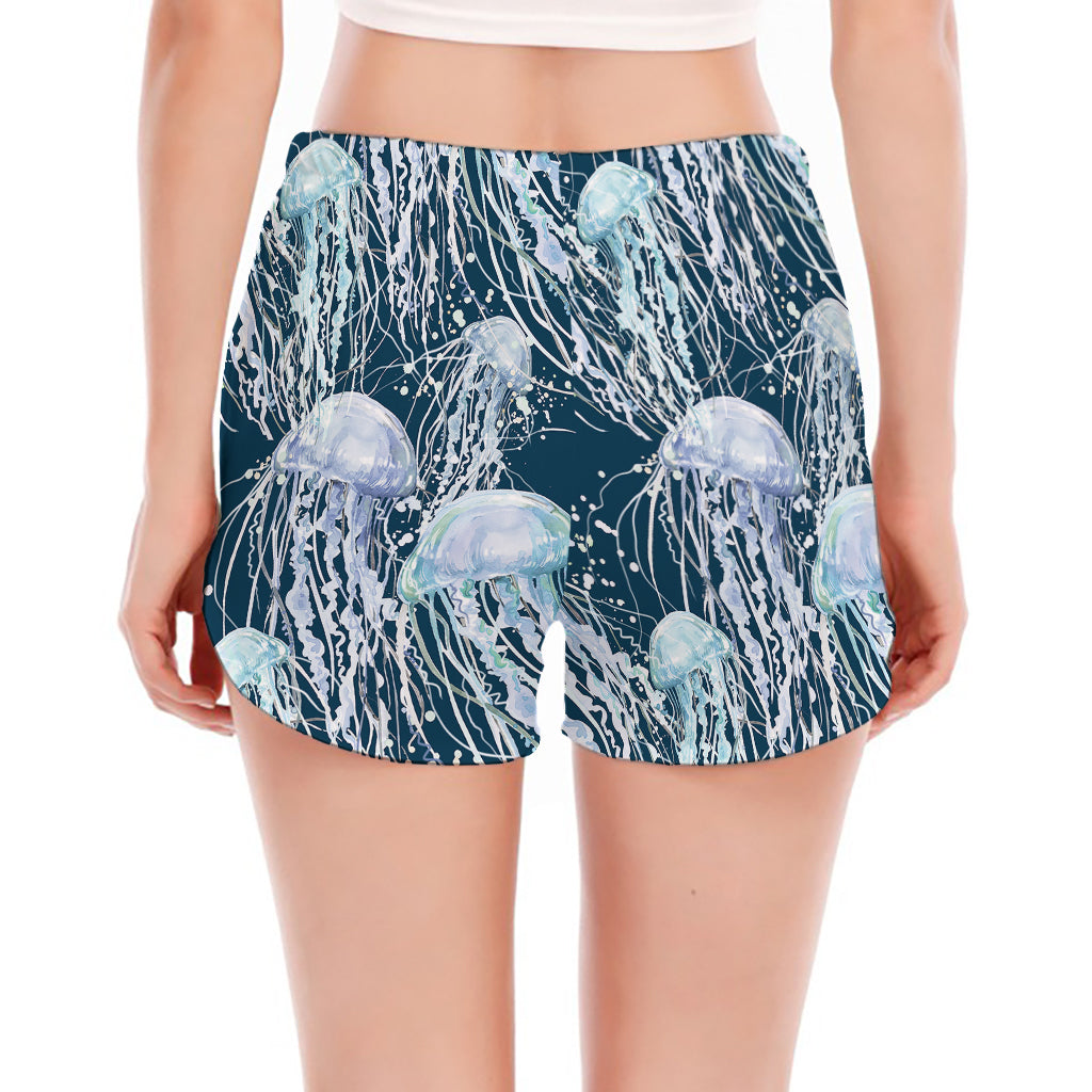 Watercolor Jellyfish Pattern Print Women's Split Running Shorts