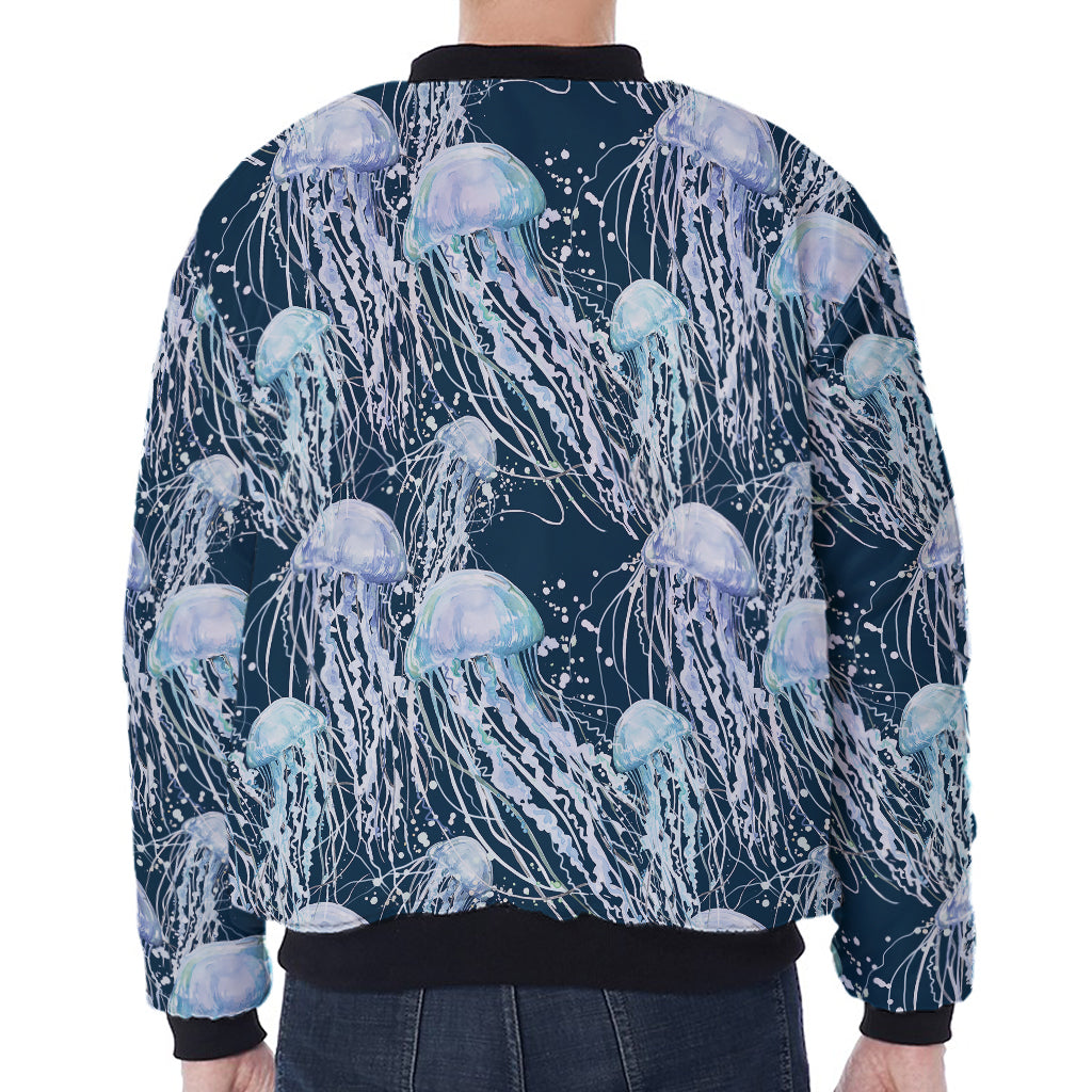 Watercolor Jellyfish Pattern Print Zip Sleeve Bomber Jacket