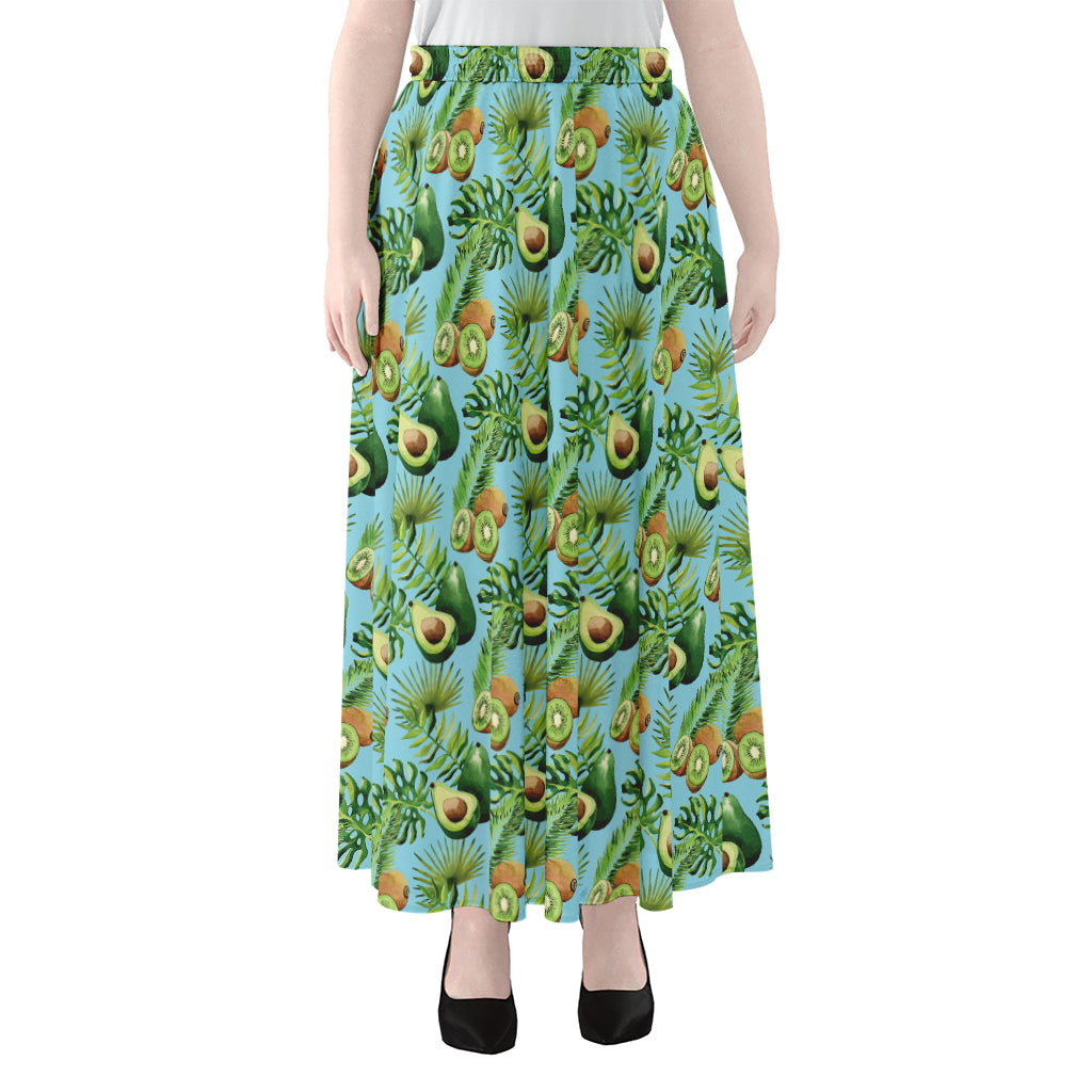 Watercolor Kiwi And Avocado Print Chiffon Maxi Skirt