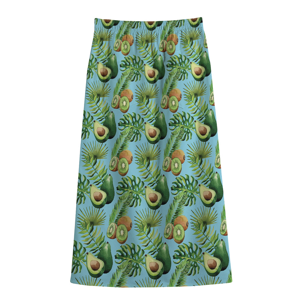 Watercolor Kiwi And Avocado Print Cotton Front Slit Maxi Skirt