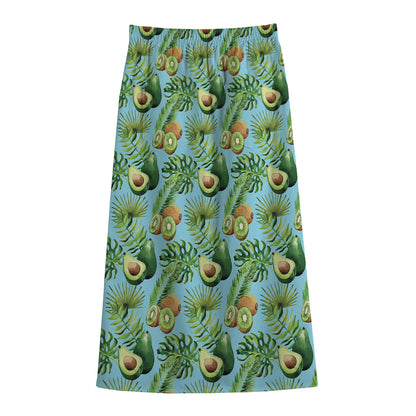 Watercolor Kiwi And Avocado Print Cotton Front Slit Maxi Skirt