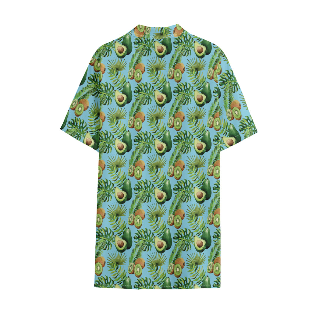 Watercolor Kiwi And Avocado Print Cotton Hawaiian Shirt